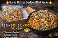 Garlic Butter Seafood Boil Packs with pricing and features on a dark background